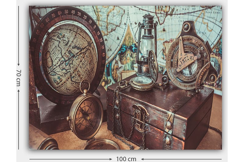 Canvastavla 70x100 cm - Nostalgisk samling av navigationsverktyg och en glob som framhäver äventyr och upptäcktsresande - Brunt / Guld / Blått - Inredning - Tavlor & posters - Canvastavla