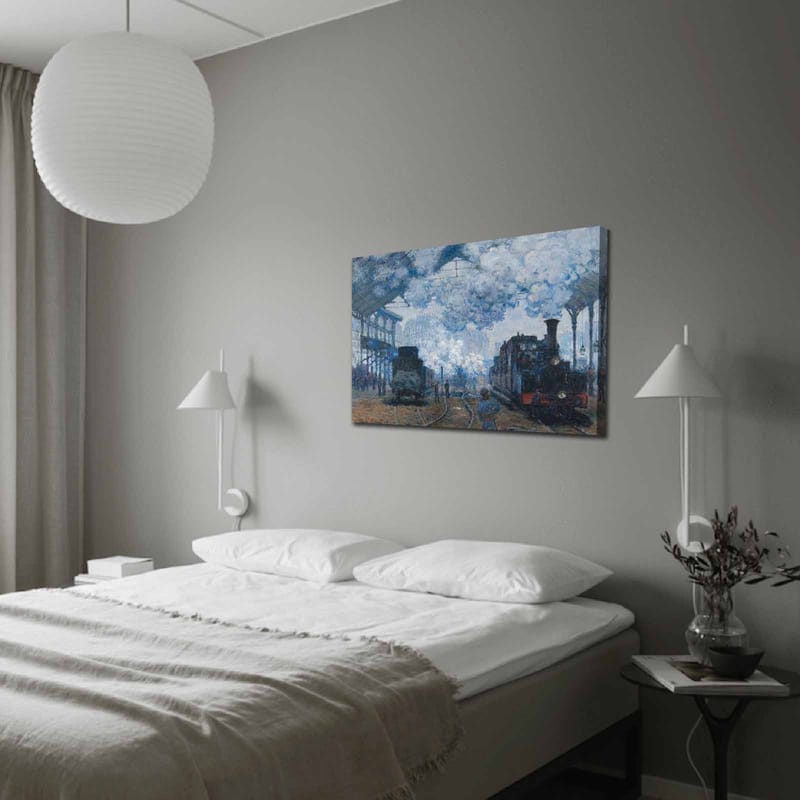 Canvastavla 70x100 cm - Nostalgisk skildring av en tågstation med ånglok och människor i rörelse - Blå / Grå / Brun - Inredning - Tavlor & posters - Canvastavla