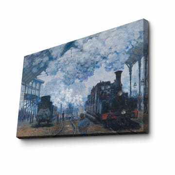 Canvastavla 70x100 cm - Nostalgisk skildring av en tågstation med ånglok och människor i rörelse - Blå / Grå / Brun - Inredning - Tavlor & posters - Canvastavla