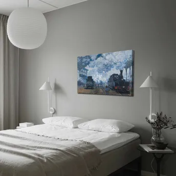 Canvastavla 70x100 cm - Nostalgisk skildring av en tågstation med ånglok och människor i rörelse - Blå / Grå / Brun - Inredning - Tavlor & posters - Canvastavla