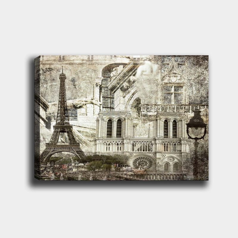Canvastavla 70x100 cm - Nostalgisk vy av Paris med Eiffeltornet och Notre-Dame i fokus, Grå / Beige / Svart