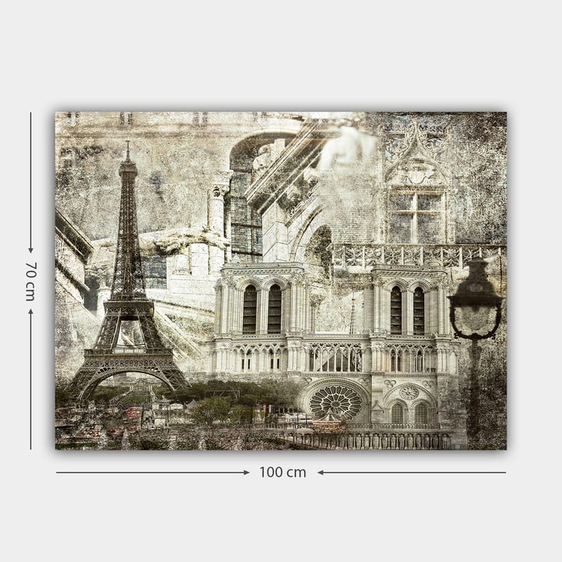 Canvastavla 70x100 cm - Nostalgisk vy av Paris med Eiffeltornet och Notre-Dame i fokus - Grå / Beige / Svart - Inredning - Tavlor & posters - Canvastavla
