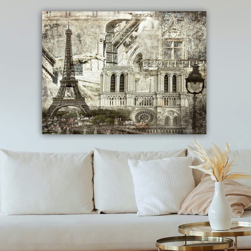 Canvastavla 70x100 cm - Nostalgisk vy av Paris med Eiffeltornet och Notre-Dame i fokus - Grå / Beige / Svart - Inredning - Tavlor & posters - Canvastavla