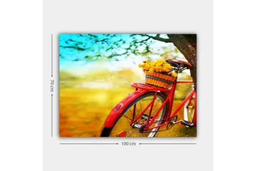 Canvastavla 70x100 cm - Röd cykel med en korg fylld av gula blommor - Röd / Gul / Grön - Inredning - Tavlor & posters - Canvastavla
