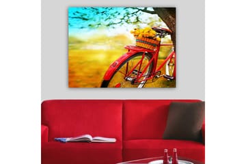Canvastavla 70x100 cm - Röd cykel med en korg fylld av gula blommor - Röd / Gul / Grön - Inredning - Tavlor & posters - Canvastavla