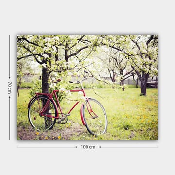 Canvastavla 70x100 cm - Röd cykel stående under blommande träd i en grönskande miljö - Röd / Grön / Vit - Inredning - Tavlor & posters - Canvastavla