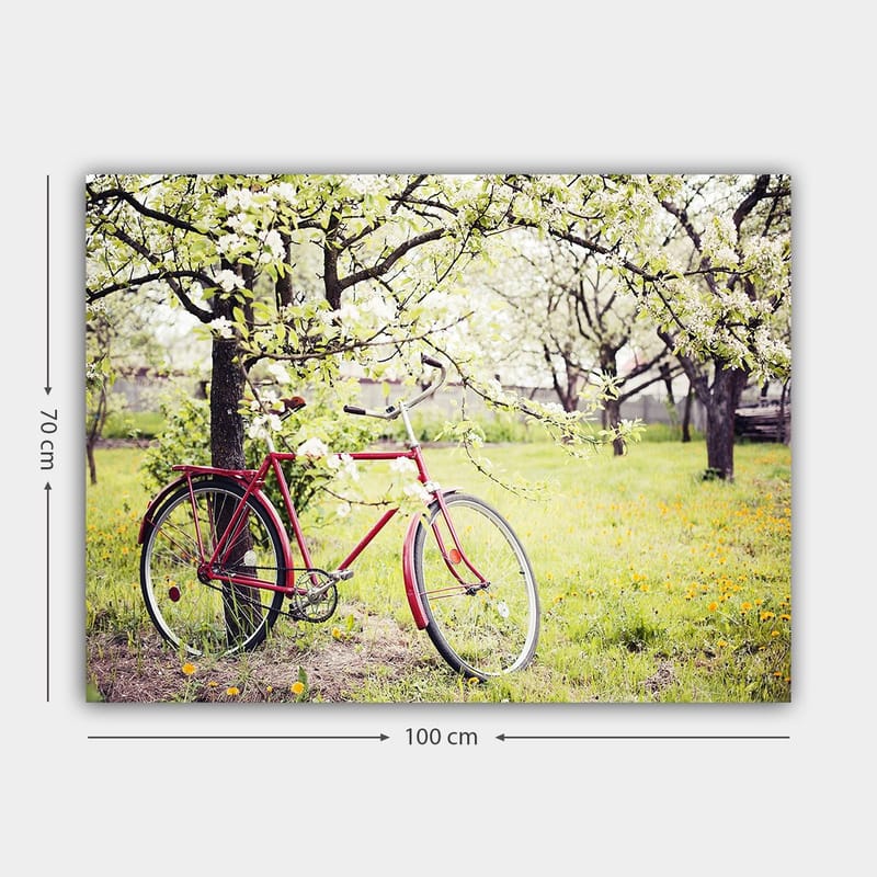 Canvastavla 70x100 cm - Röd cykel stående under blommande träd i en grönskande miljö - Röd / Grön / Vit - Inredning - Tavlor & posters - Canvastavla