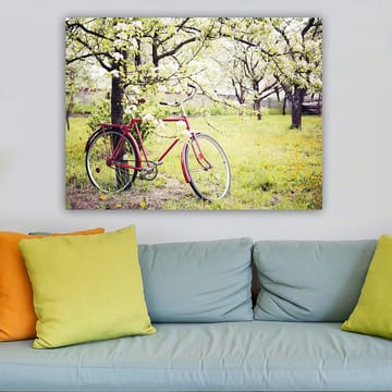 Canvastavla 70x100 cm - Röd cykel stående under blommande träd i en grönskande miljö - Röd / Grön / Vit - Inredning - Tavlor & posters - Canvastavla