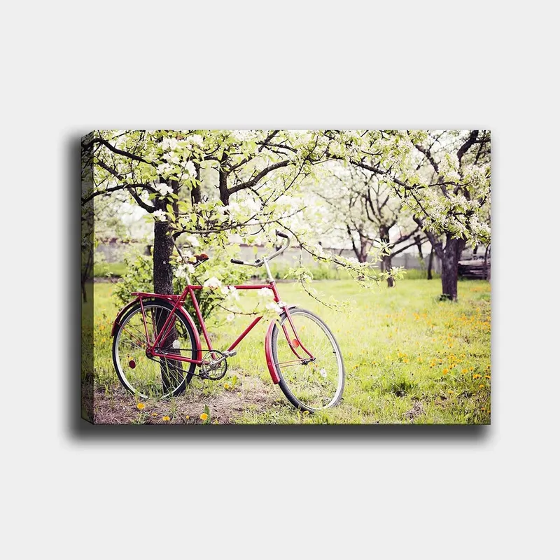 Canvastavla 70x100 cm - Röd cykel stående under blommande träd i en grönskande miljö - Röd / Grön / Vit - Inredning - Tavlor & posters - Canvastavla