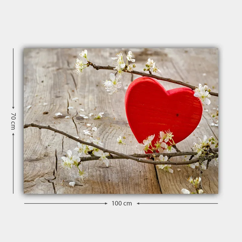 Canvastavla 70x100 cm - Röd hjärta omgiven av blommor på en träyta - Röd / Vit - Inredning - Tavlor & posters - Canvastavla