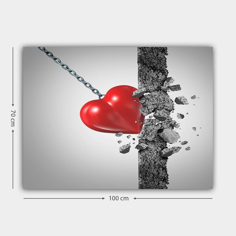 Canvastavla 70x100 cm - Röd hjärta som slår igenom en betongvägg - Röd / Grå - Inredning - Tavlor & posters - Canvastavla