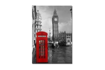 Canvastavla 70x100 cm - Röd telefonkiosk framför den ikoniska Big Ben i en svartvit stadsmiljö - Röd / Svart - Inredning - Tavlor & posters - Canvastavla