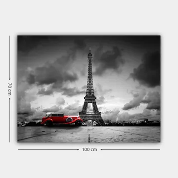 Canvastavla 70x100 cm - Röd vintagebil framför Eiffeltornet i en svartvit stadsmiljö - Röd / Svart / Vit - Inredning - Tavlor & posters - Canvastavla