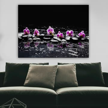 Canvastavla 70x100 cm - Rad av lila orkidéer som vilar på svarta stenar med reflektioner i vatten - Lila / Svart - Inredning - Tavlor & posters - Canvastavla