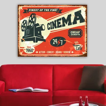 Canvastavla 70x100 cm - Retro affisch med en filmkamera som symboliserar biografens värld - Röd / Svart / Beige - Inredning - Tavlor & posters - Canvastavla