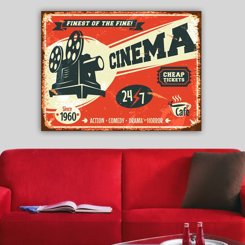 Canvastavla 70x100 cm - Retro affisch med en filmkamera som symboliserar biografens värld - Röd / Svart / Beige - Inredning - Tavlor & posters - Canvastavla
