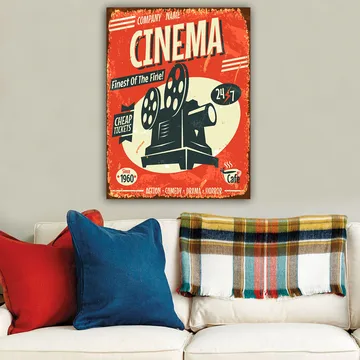 Canvastavla 70x100 cm - Retro affisch som framhäver en filmprojektor med text om biobiljetter och öppettider - Röd / Svart / Vit - Inredning - Tavlor & posters - Canvastavla