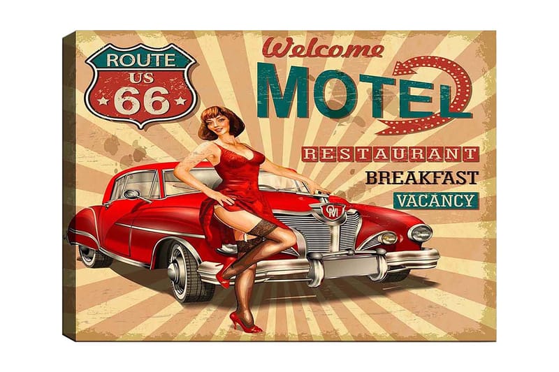 Canvastavla 70x100 cm - Retroinspirerad affisch med en kvinna i röd klänning som poserar vid en klassisk röd bil, Röd / Svart / Beige
