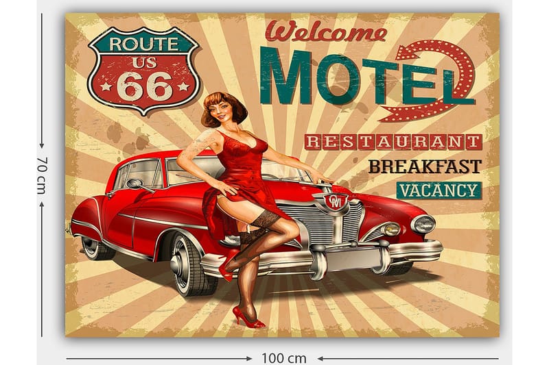 Canvastavla 70x100 cm - Retroinspirerad affisch med en kvinna i röd klänning som poserar vid en klassisk röd bil - Röd / Svart / Beige - Inredning - Tavlor & posters - Canvastavla