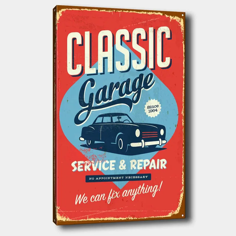 Canvastavla 70x100 cm - Retroinspirerad skylt med en klassisk bil och text för garageverksamhet - Röd / Blå / Svart - Inredning - Tavlor & posters - Canvastavla