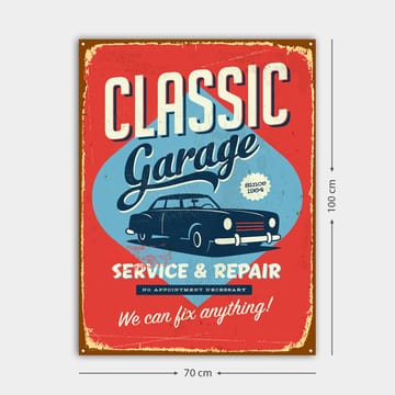 Canvastavla 70x100 cm - Retroinspirerad skylt med en klassisk bil och text för garageverksamhet - Röd / Blå / Svart - Inredning - Tavlor & posters - Canvastavla