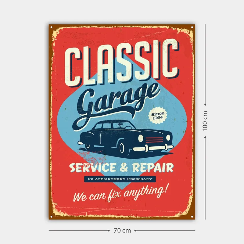 Canvastavla 70x100 cm - Retroinspirerad skylt med en klassisk bil och text för garageverksamhet - Röd / Blå / Svart - Inredning - Tavlor & posters - Canvastavla