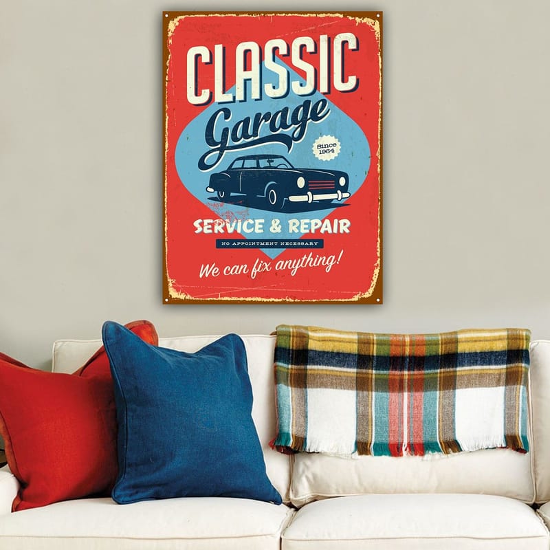Canvastavla 70x100 cm - Retroinspirerad skylt med en klassisk bil och text för garageverksamhet - Röd / Blå / Svart - Inredning - Tavlor & posters - Canvastavla