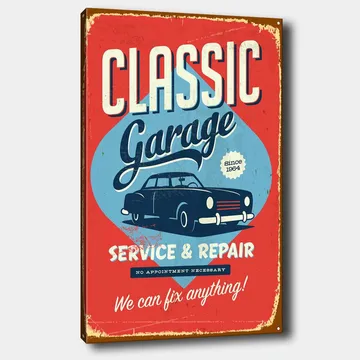 Canvastavla 70x100 cm - Retroinspirerad skylt med en klassisk bil och text för garageverksamhet - Röd / Blå / Svart - Inredning - Tavlor & posters - Canvastavla