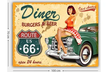 Canvastavla 70x100 cm - Retroinspirerad tavla med en kvinna i röd klänning med vita prickar som sitter på en vintage bil vid en diner - Röd / Grön / Beige - Inredning - Tavlor & posters - Canvastavla