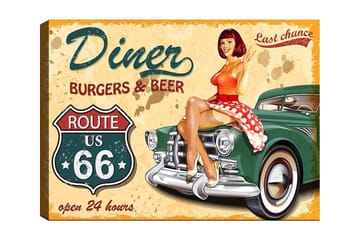 Canvastavla 70x100 cm - Retroinspirerad tavla med en kvinna i röd klänning med vita prickar som sitter på en vintage bil vid en diner - Röd / Grön / Beige - Inredning - Tavlor & posters - Canvastavla
