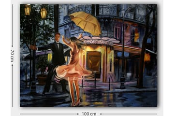 Canvastavla 70x100 cm - Romantisk dansande par under ett paraply i regnet - Rosa / Svart / Gult - Inredning - Tavlor & posters - Canvastavla