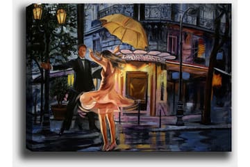 Canvastavla 70x100 cm - Romantisk dansande par under ett paraply i regnet - Rosa / Svart / Gult - Inredning - Tavlor & posters - Canvastavla