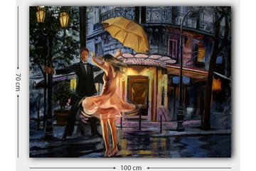 Canvastavla 70x100 cm - Romantisk dansande par under ett paraply i regnet - Rosa / Svart / Gult - Inredning - Tavlor & posters - Canvastavla