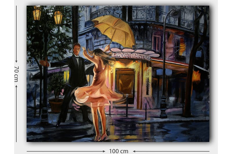 Canvastavla 70x100 cm - Romantisk dansande par under ett paraply i regnet - Rosa / Svart / Gult - Inredning - Tavlor & posters - Canvastavla