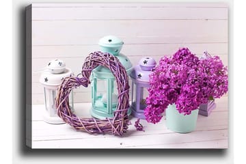 Canvastavla 70x100 cm - Romantisk komposition med ett hjärta av kvistar och en kruka med lila blommor - Lila / Mintgrön / Vit - Inredning - Tavlor & posters - Canvastavla