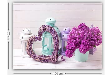 Canvastavla 70x100 cm - Romantisk komposition med ett hjärta av kvistar och en kruka med lila blommor - Lila / Mintgrön / Vit - Inredning - Tavlor & posters - Canvastavla
