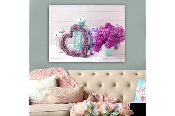 Canvastavla 70x100 cm - Romantisk komposition med ett hjärta av kvistar och en kruka med lila blommor - Lila / Mintgrön / Vit - Inredning - Tavlor & posters - Canvastavla