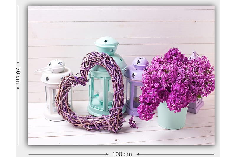 Canvastavla 70x100 cm - Romantisk komposition med ett hjärta av kvistar och en kruka med lila blommor - Lila / Mintgrön / Vit - Inredning - Tavlor & posters - Canvastavla