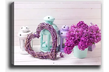 Canvastavla 70x100 cm - Romantisk komposition med ett hjärta av kvistar och en kruka med lila blommor - Lila / Mintgrön / Vit - Inredning - Tavlor & posters - Canvastavla