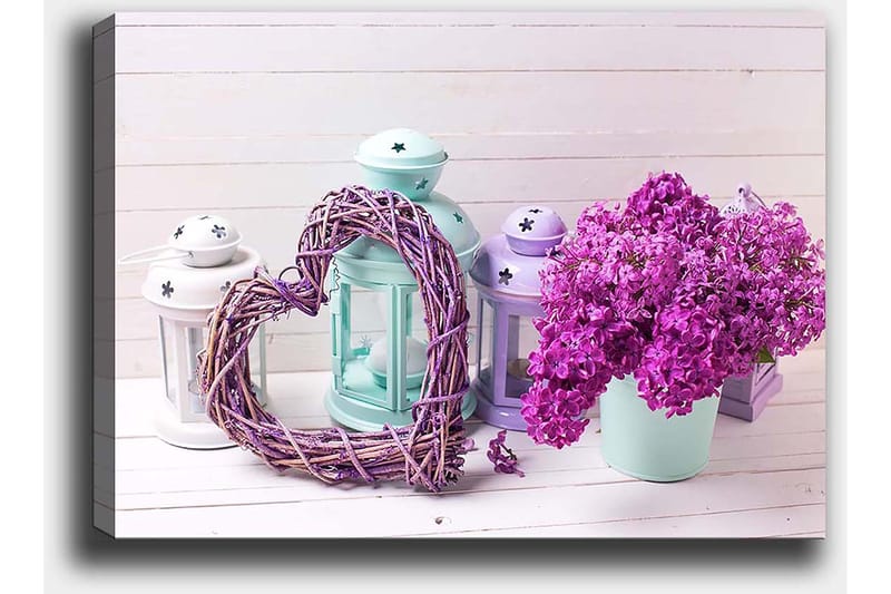 Canvastavla 70x100 cm - Romantisk komposition med ett hjärta av kvistar och en kruka med lila blommor - Lila / Mintgrön / Vit - Inredning - Tavlor & posters - Canvastavla