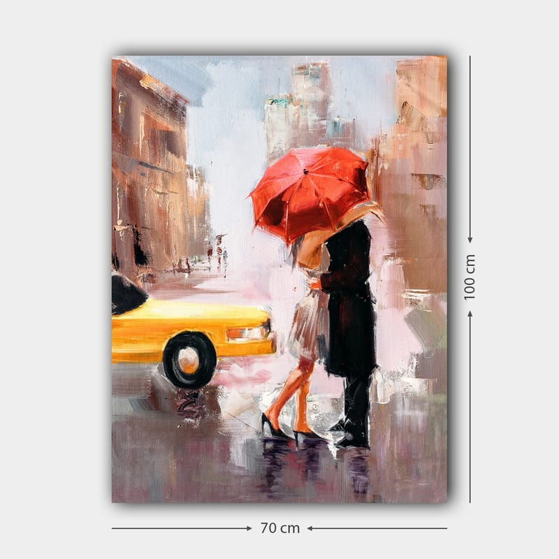 Canvastavla 70x100 cm - Romantisk kyss under ett röd paraply i en stadsmiljö - Röd / Svart / Gul - Inredning - Tavlor & posters - Canvastavla