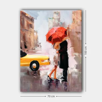 Canvastavla 70x100 cm - Romantisk kyss under ett röd paraply i en stadsmiljö - Röd / Svart / Gul - Inredning - Tavlor & posters - Canvastavla