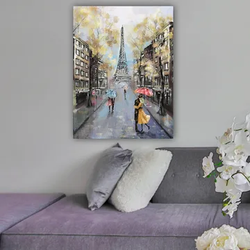 Canvastavla 70x100 cm - Romantisk scen med ett par som dansar under paraplyer framför Eiffeltornet i Paris - Guld / Blå / Röd - Inredning - Tavlor & posters - Canvastavla