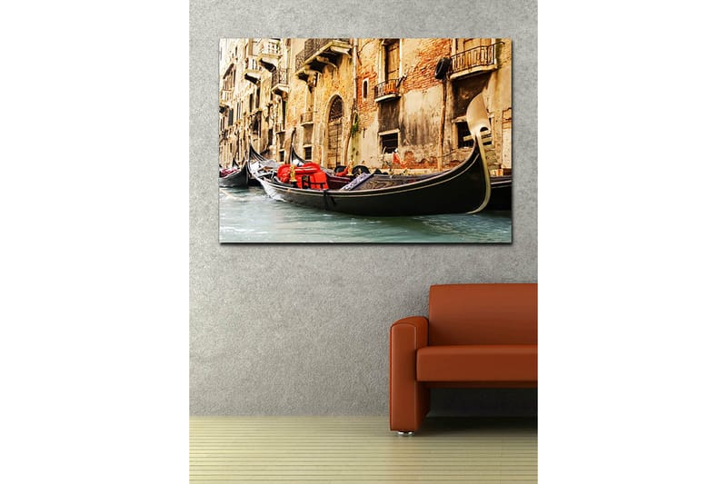 Canvastavla 70x100 cm - Romantisk scen med gondoler som glider fram i en venetiansk kanal - Svart / Röd / Beige - Inredning - Tavlor & posters - Canvastavla