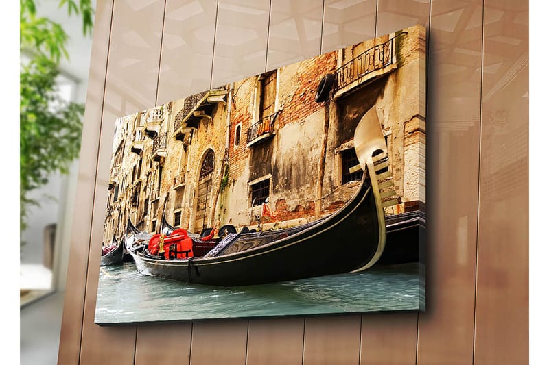 Canvastavla 70x100 cm - Romantisk scen med gondoler som glider fram i en venetiansk kanal - Svart / Röd / Beige - Inredning - Tavlor & posters - Canvastavla