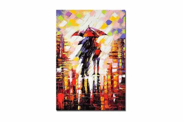 Canvastavla 70x100 cm - Romantisk scen med två personer som delar ett paraply i en regnig stadsmiljö - Röd / Svart / Orange - Inredning - Tavlor & posters - Canvastavla