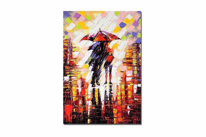 Canvastavla 70x100 cm - Romantisk scen med två personer som delar ett paraply i en regnig stadsmiljö, Röd / Svart / Orange