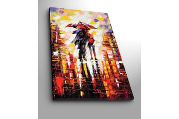 Canvastavla 70x100 cm - Romantisk scen med två personer som delar ett paraply i en regnig stadsmiljö - Röd / Svart / Orange - Inredning - Tavlor & posters - Canvastavla