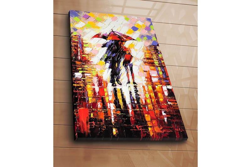 Canvastavla 70x100 cm - Romantisk scen med två personer som delar ett paraply i en regnig stadsmiljö - Röd / Svart / Orange - Inredning - Tavlor & posters - Canvastavla