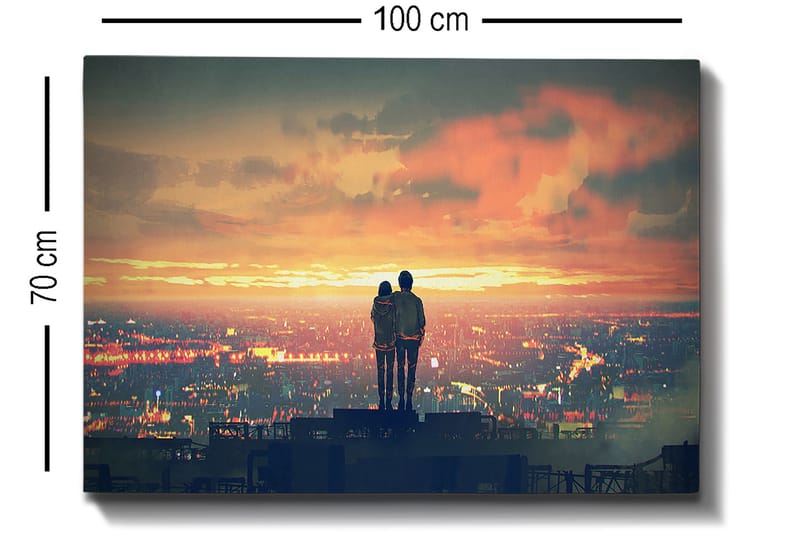 Canvastavla 70x100 cm - Romantisk silhuett av ett par som står tillsammans och beundrar en solnedgång över en stad - Orange / Blå / Svart - Inredning - Tavlor & posters - Canvastavla